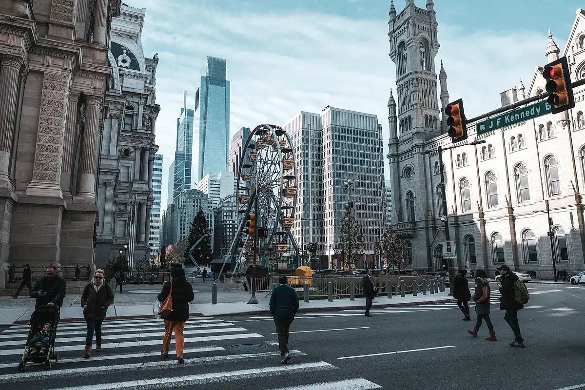A marked crosswalk across a city street in Philadelphia.
